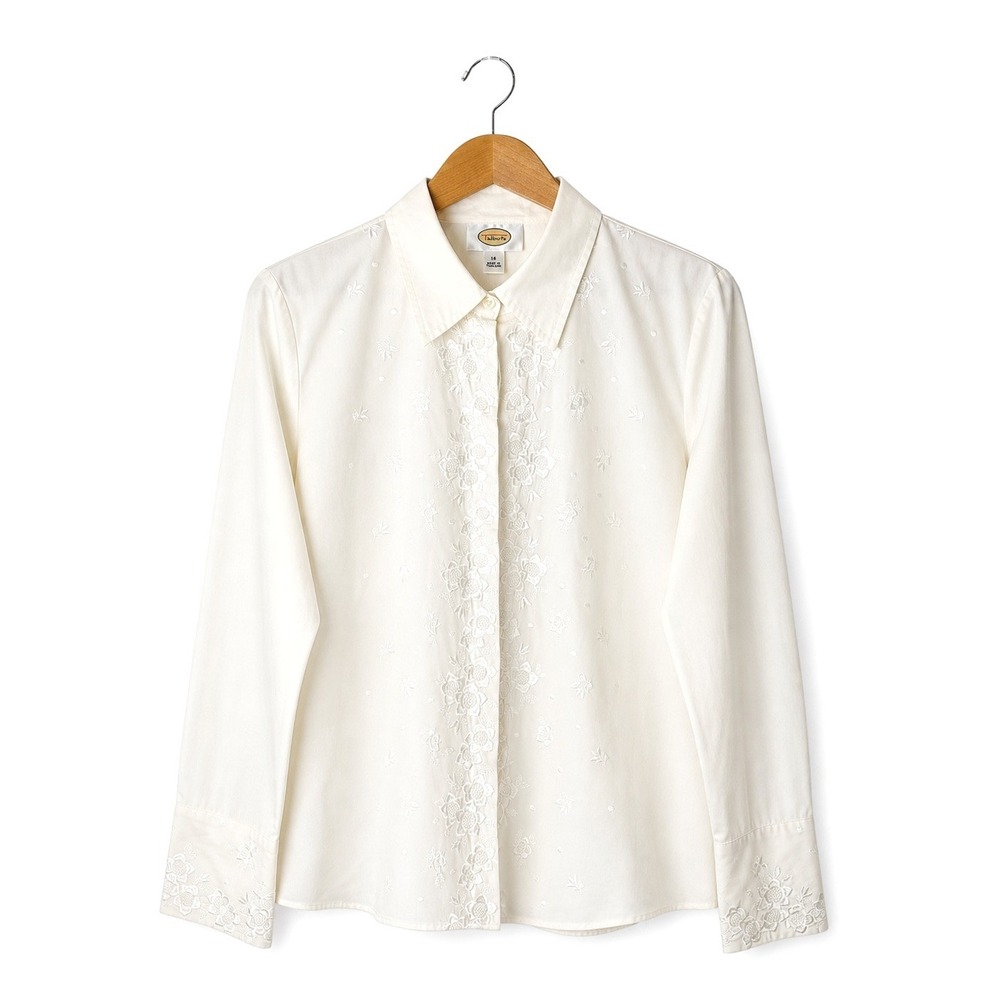 Talbots Floral Embroidered Blouse Women 14 White Cotton Button Up Preppy Retro